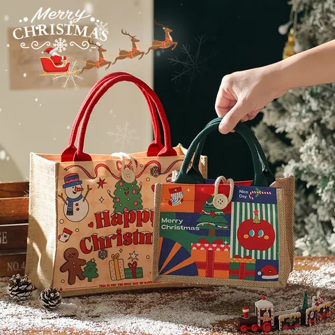 Kreative Leinwand Weihnachtsgeschenktüten Weihnachtsmann Schneemann Druck Sackleinen Handtaschen Für Heiligabend Party Deko Festliche Tüten