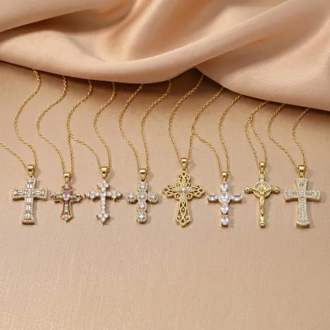 Vintage Titanium Steel Cross Pendant Necklace Women Gold Colorful Rhinestone Religious Crucifix Clavicle Chain Jewelry