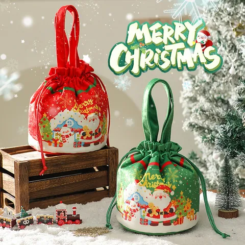 Frohe Weihnachten Kordelzug Geschenktüte mit Griff Plüschstoff Bonbonbeutel Weihnachtsmann Schneemann Muster Heiligabend Apfelverpackungstüte