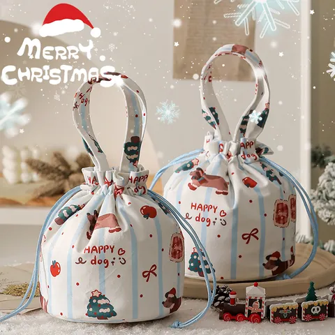 Bedruckte Weihnachts Canvas Geschenktüte Handheld Kordelzug Apfeltüte Für Heiligabend Party Gunst Geschenktüte Mit Cartoon Hund Muster