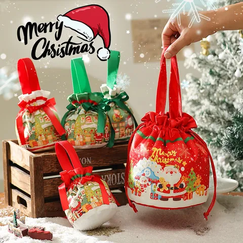 Frohe Weihnachten Kordelzug Geschenktüte mit Griff Plüschstoff Bonbonbeutel Weihnachtsmann Schneemann Muster Heiligabend Apfelverpackungstüte