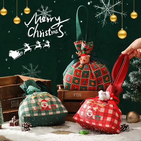Christmas Canvas Gift Bag With Drawstring And 3D Plush Doll Santa Claus Reindeer Tree Apple Bag Festive Holiday Candy Pouch Party Decor