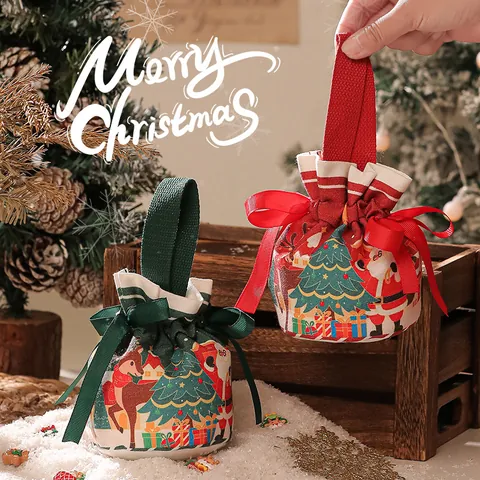Weihnachten Geschenktüte aus Segeltuch Weihnachtsmann Schneemann Rentier Muster Handgehaltene Kordelzug Apfel Tasche Für Party