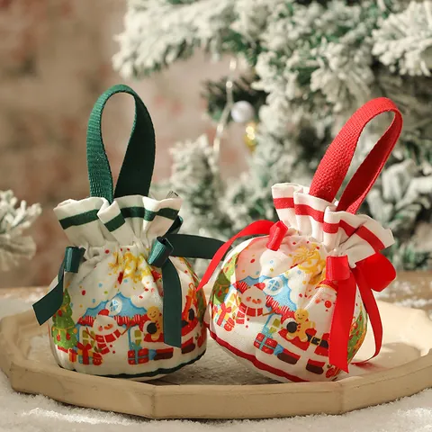 Weihnachten Kordelzug Geschenktüte Tragbare Apfel Süßigkeiten Tote Kurzsamt Weihnachtsmann Schneemann Bedruckte Festliche Feiertagstasche