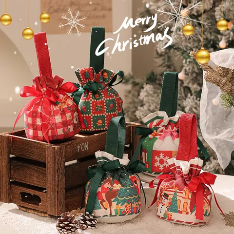 Weihnachten Geschenktüte aus Segeltuch Weihnachtsmann Schneemann Rentier Muster Handgehaltene Kordelzug Apfel Tasche Für Party