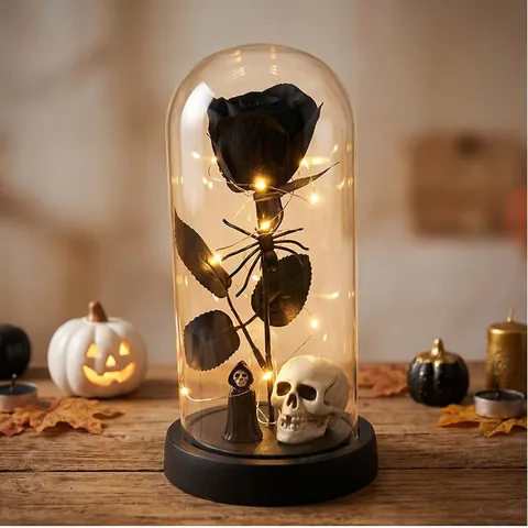 Rosa Preservada de Halloween en Cúpula de Vidrio Calavera Mano de Esqueleto Luces LED Decoración de Fiesta Gótica Regalo