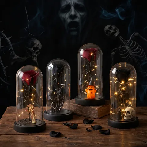 Rosa Preservada de Halloween en Cúpula de Vidrio Calavera Mano de Esqueleto Luces LED Decoración de Fiesta Gótica Regalo