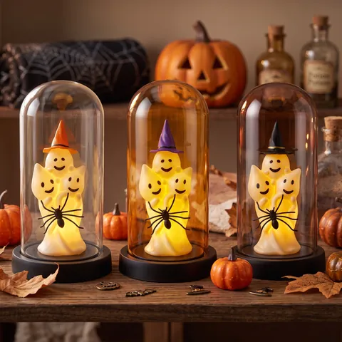 Halloween Ghost Dome Atmosphere Light LED Pumpkin Witch Hat Ghost Glowing Spooky Desktop Decor Glass Plastic Dome Lamp Ornament Gift