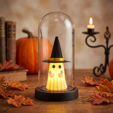 Halloween Ghost Night Light Spooky White Ghost With Wizard Hat LED Glow Glass Plastic Dome Tabletop Ornament For Party Decor