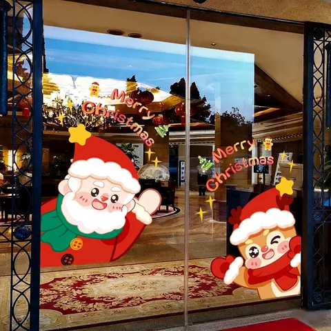 Christmas Tree Window Stickers Static Clings Santa Claus Reindeer Snowflakes Decals Festive Glass Door Shop Window Decoration Holiday Supplies
