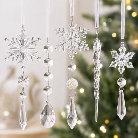 Acrylic Christmas Icicle Snowflake Hanging Ornaments Set Transparent Ice Crystal Tree Decorations For Xmas Party Home Decor