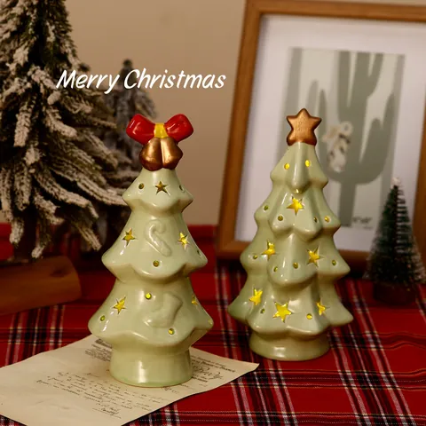 Ceramic Christmas Tree Night Light Star Hollow Table Ornament LED Luminous Desktop Decoration For Holiday Xmas Gift