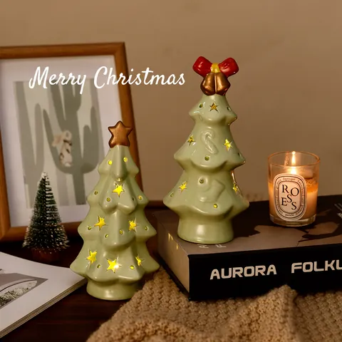 Ceramic Christmas Tree Night Light Star Hollow Table Ornament LED Luminous Desktop Decoration For Holiday Xmas Gift