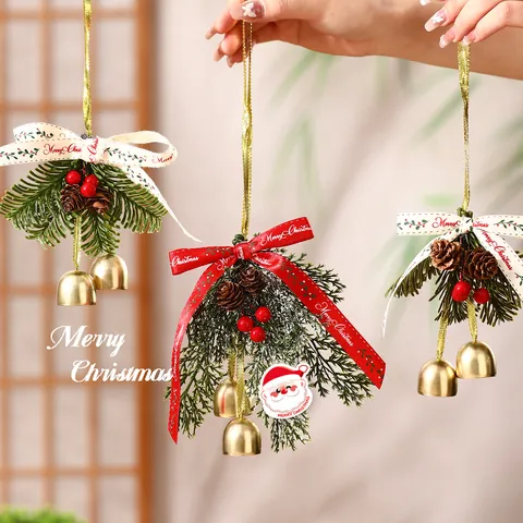 Decorazioni Natalizie in Legno Per Albero Con Campane in Metallo Fiocco Nastro Pigna Babbo Natale Addobbi Per Casa Festa