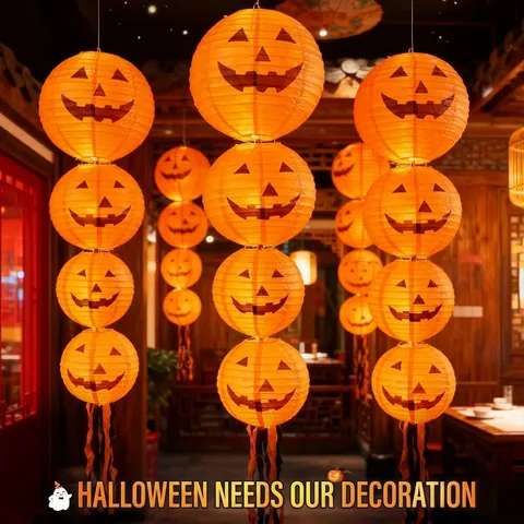 Halloween Pumpkin Paper Lantern Decoration Set Jack-O-Lantern Stand With Witch Hat LED Lamp For Party Mall Scene Layout