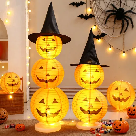 Halloween Pumpkin Paper Lantern Decoration Set Jack-O-Lantern Stand With Witch Hat LED Lamp For Party Mall Scene Layout