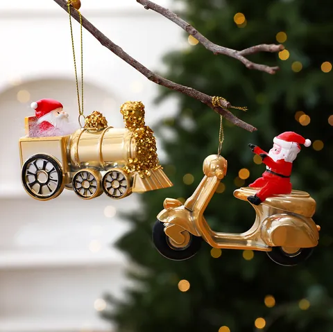 Golden PC Santa Claus Locomotive Motorcycle Christmas Tree Hanging Ornaments Festive Holiday Home Decoration Pendant Gift