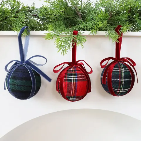8cm Plaid Bow Christmas Ball Ornaments Plaid Fabric Foam Hanging Decorations For Christmas Tree Plaid Pattern Xmas Holiday Party Home Decor