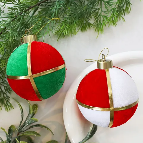 Adornos de Bolas de Navidad de Terciopelo Rojo Verde Blanco Bolas de Espuma Con Cinta Dorada Decoración de Árbol