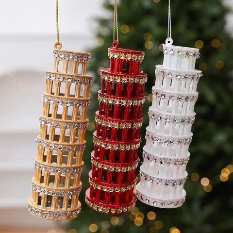Adorno de Navidad Torre Inclinada de Pisa con Strass Decoración Colgante de PC para Árbol Oro Rojo Blanco Decoración Hogar