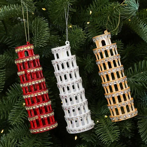 Adorno de Navidad Torre Inclinada de Pisa con Strass Decoración Colgante de PC para Árbol Oro Rojo Blanco Decoración Hogar