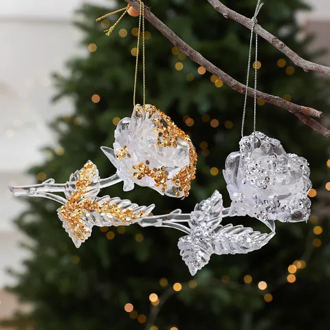 Acrylic Clear Rose Flower Christmas Tree Ornament Painted Gold Silver Glitter DIY Holiday Party Hanging Decoration