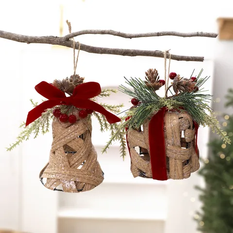 Décorations de Noël Suspendues en Bambou Tissé à la Main Cloche Boule Boîte Cadeau Avec Nœud Rouge Pomme de Pin Pour Décor de Noël