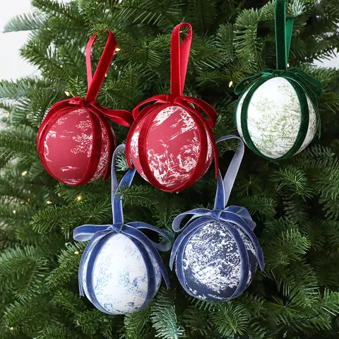Vintage Fabric Wrapped Christmas Ball Ornaments 8cm With Velvet Bow Toile De Jouy Pattern Christmas Tree Hanging Decorations