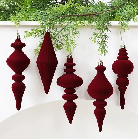 Bourgondië Geflokte Kerstornamenten Onregelmatige Gourd Vormige Kerstboom Hangende Ballen Voor Huis Raam Feest Decor