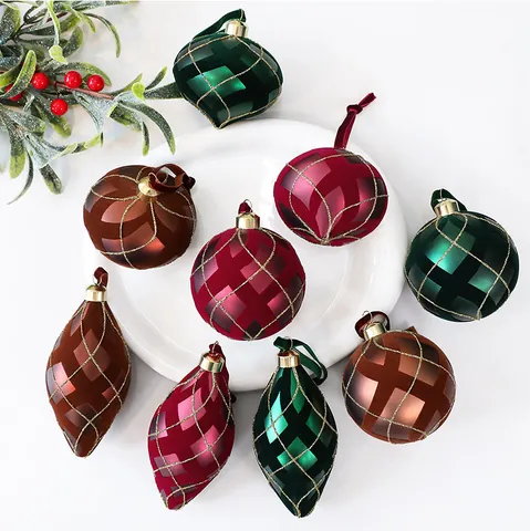 Flocked Painted Christmas Ball Ornaments Matte Plastic Baubles With Glitter Grid Patterns For Christmas Tree Decor Holiday Party Supplies