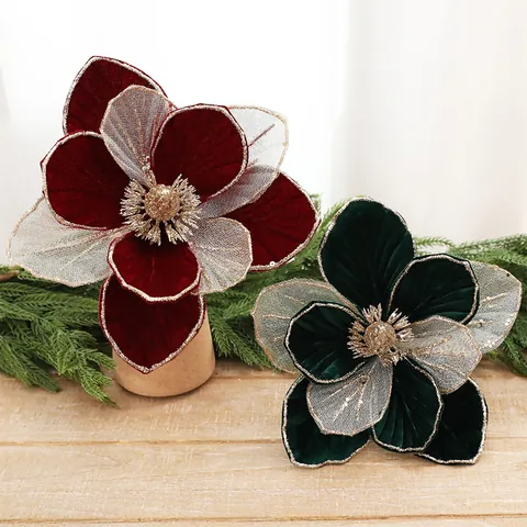 Artificial Christmas Magnolia Flowers Glitter Sequin Decoration Fabric Velvet Xmas Tree Decor Wedding Party Home Ornaments