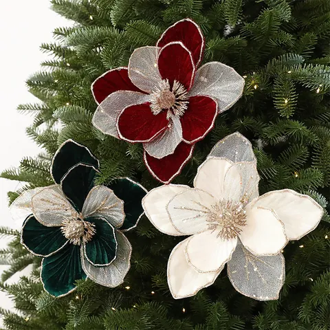 Artificial Christmas Magnolia Flowers Glitter Sequin Decoration Fabric Velvet Xmas Tree Decor Wedding Party Home Ornaments