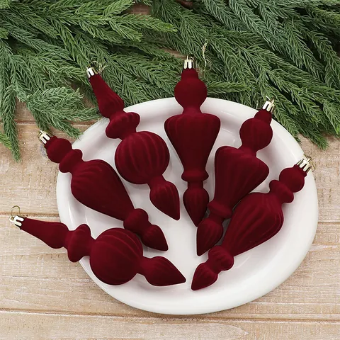 Bourgondië Geflokte Kerstornamenten Onregelmatige Gourd Vormige Kerstboom Hangende Ballen Voor Huis Raam Feest Decor