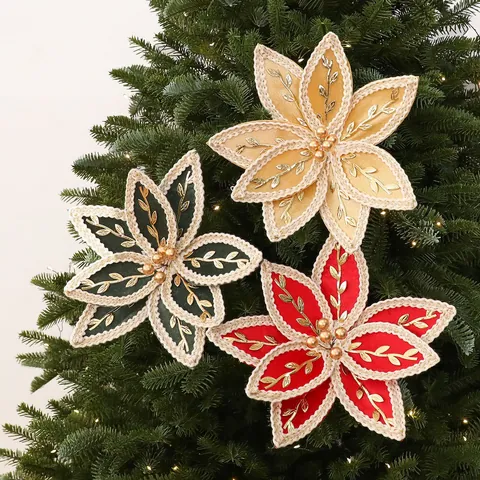 Grandes Fleurs de Noël Artificielles Poinsettia Tissu Réaliste Paillettes Décorations d'Arbre de Noël Avec Bordure Tissée Décor de Fête