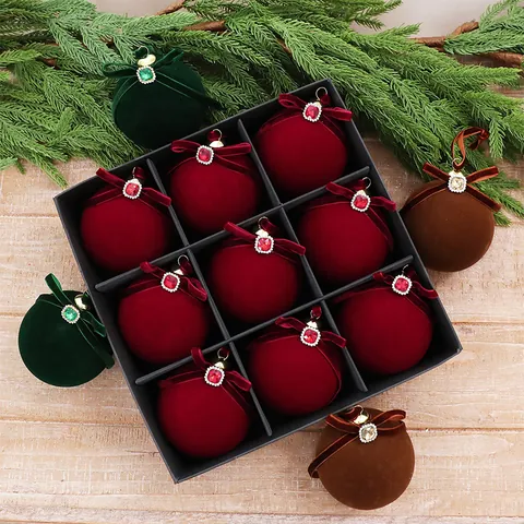 Flocked Velvet Christmas Tree Ball Ornaments With Rhinestone Ribbon Bow Decorative Hanging Ornaments For Holiday Home Decor