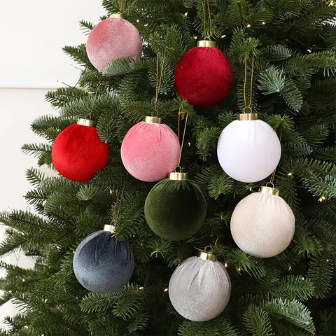 Velvet Wrapped Christmas Ball Ornaments Plastic Hanging Pendants For Christmas Tree Decorations Holiday Party Decor