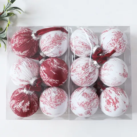 Christmas Printed Cloth Wrapped Balls Set Plastic Ornaments Decorative Hanging Balls For Christmas Tree Decor Holiday Party Supplies