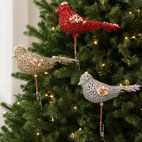 15cm Christmas Glitter Bird Clip Ornaments Hollow Plastic Sparrow With Artificial Pearls For Christmas Tree Decoration Festive Home Decor