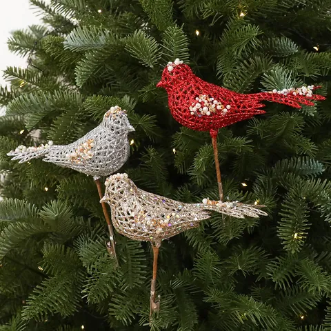 15cm Christmas Glitter Bird Clip Ornaments Hollow Plastic Sparrow With Artificial Pearls For Christmas Tree Decoration Festive Home Decor