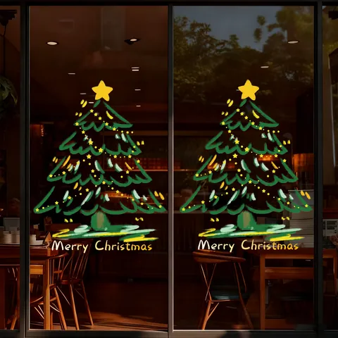 Christmas Window Stickers Static Cling Santa Claus Tree Snowflake Decals For Glass Door Holiday Home Showcase Decorations