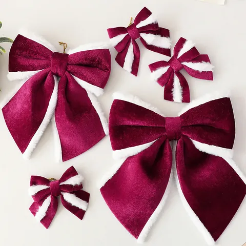 Bourgondië Fluweel Kerststrik Hangend Ornament Witte Kunstbont Trim Strik voor Kerstboom Decoratie Vakantie Versiering