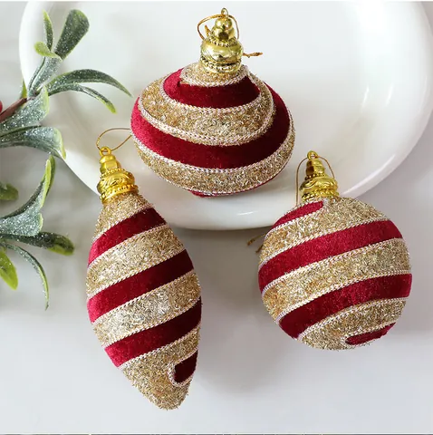 Bolas de Navidad Rojo Vino Oro Espuma Terciopelo Purpurina Rayas Cebolla Lágrima Colgantes Árbol Decoración Fiesta Navidad