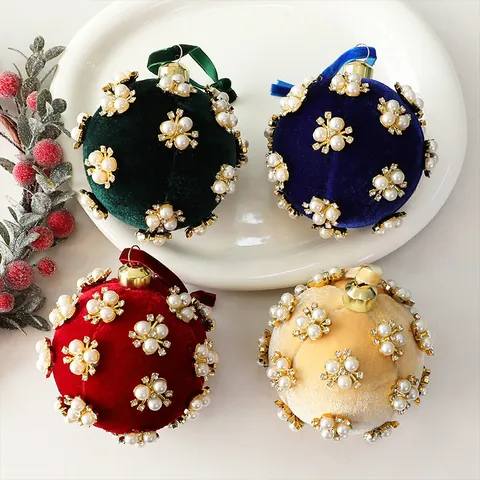Velvet Christmas Ball Decoration With Artificial Pearl Rhinestone Inlaid Luxury Foam Christmas Tree Hanging Ornament For Holiday Party Home Decor