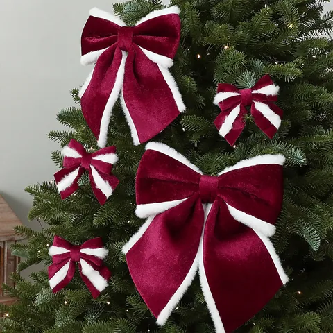 Bourgondië Fluweel Kerststrik Hangend Ornament Witte Kunstbont Trim Strik voor Kerstboom Decoratie Vakantie Versiering