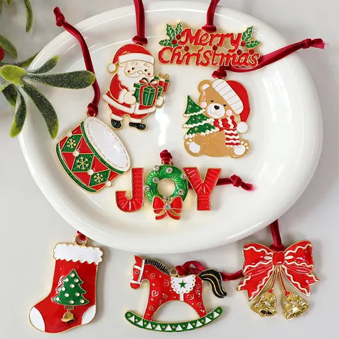 Luxury Alloy Christmas Tree Hanging Ornaments Enamel Rhinestone Santa Claus Reindeer Bell Sock Pendant DIY Festive Home Decor