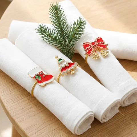 Weihnachtsbaum Socke Schleife Serviettenringe Gold Metall Strass Emaille Serviettenhalter Für Feiertage Hotel Bankett Tischdeko