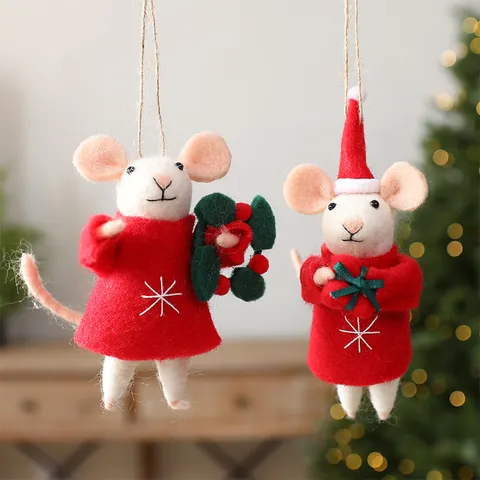 Handgemaakte Wolvilt Kerstmuis Hanger Met Rode Trui Voor Kerstboom Decoratie Dierstijl Scène Opstelling