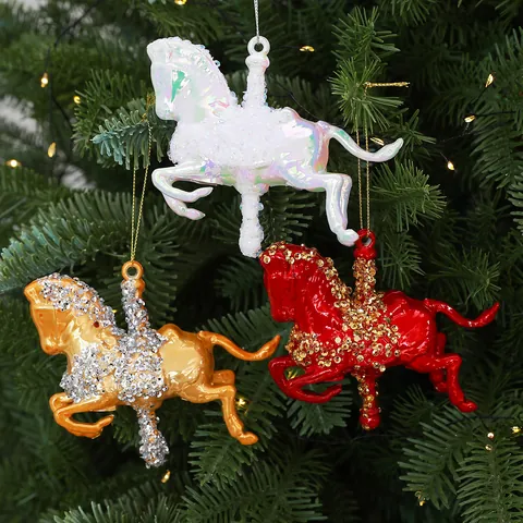 Painted PC Rocking Horse Christmas Tree Ornament With Sequins Colorful Carousel Horse Hanging Pendant For Holiday Party Home Decor