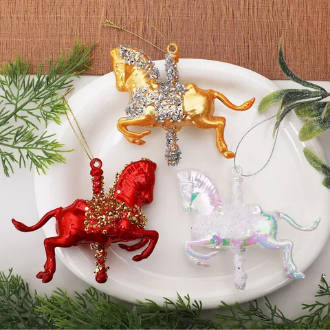 Painted PC Rocking Horse Christmas Tree Ornament With Sequins Colorful Carousel Horse Hanging Pendant For Holiday Party Home Decor
