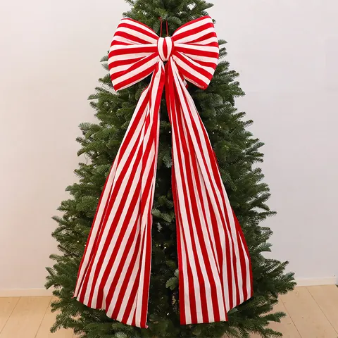 Giant Red White Striped Christmas Tree Topper Bow Large Fabric Hanging Decoration For Party Holiday Home DIY Ornament Gift